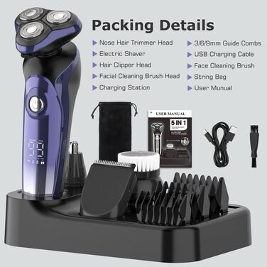 Електричний гоління для чоловіків Amurhey 5-в-1, тример для бороди, 3 насадки, 99 хв роботи, для мокрого та сухого гоління, станція зарядки, подарунок для чоловіків