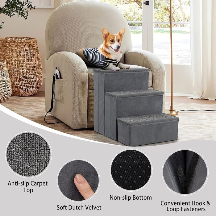 Сходи для собак SOARS, складані, з місцем для зберігання, неслизькі, до 50 кг, для котів та собак, під ліжко/диван (сірий, 3 сходи, 38 x 51 x 45 см)