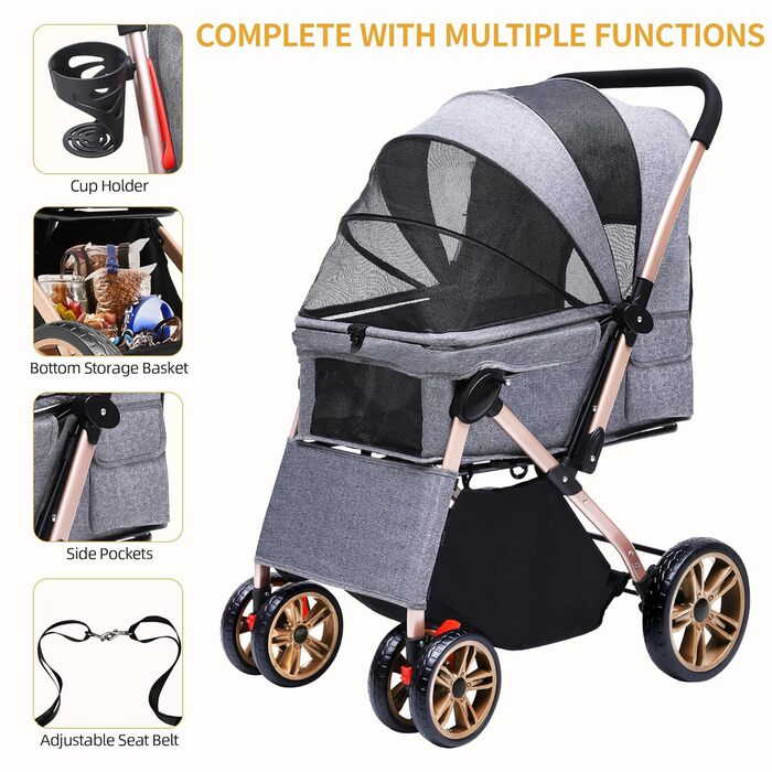 Візок для собак DWVO 3-в-1: візок, переноска, сумка. До 22 кг, EVA-колеса, сітчасті вікна, сірий (58.5x76x105cm)