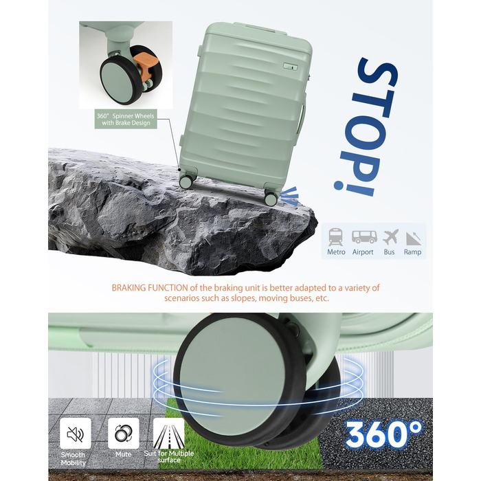 Набір валіз Sea Choice 5-ти частинний з ABS-пластику, твердий корпус, тріумф у подорожах, велика місткість, ручна поклажа, 4 колеса, TSA-замок, містить 1 сумку та 1 косметичку, колір: м'ятно-зелений