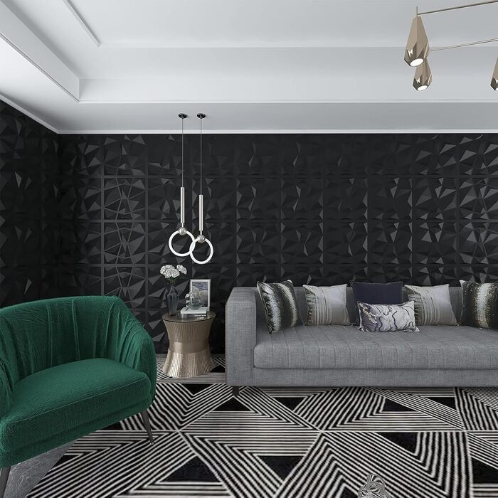 3D панелі для стін та стелі ПВХ чорні, декоративні стінові панелі для геймерської зони, вітальні та спальні, 12 шт.