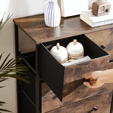 SONGMICS Chest of Drawers, Storage Cabinet, 5 Fabric Drawers, for Entryway, Living Room, White-Oak Finish LTS514W57 (Rustic Brown + Black)