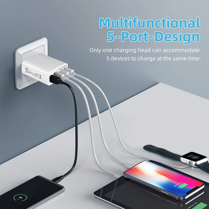 Мережевий адаптер AXFEE 65W 5 портів USB C з USB-A, швидка зарядка PD 3.0 для iPhone 14 Pro Max 13
