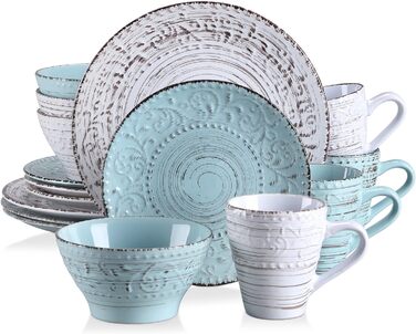 Tableware stoneware, vancasso VINE Ess Geschirrset, 16-piece combination tableware set with 4 dinner plates, cake plates, bowls, and cups each for 4 people, embossed vine design 16-piece tableware set Vine series