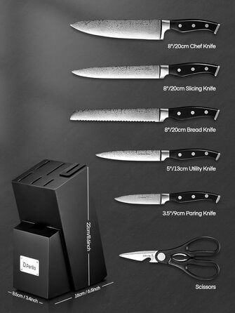 D.Perlla Self-Sharpening Knife Block Set - 7 Piece Stainless Steel Knife Set with Plastic Handle & Wooden Block - Professional Kitchen Knife Set, Black
