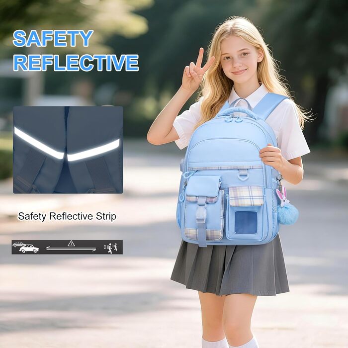 KEBEIXUAN Рюкзак для дівчинки у школу | Дитячий рюкзак 1-5 клас | Дихаючий, водовідштовхуючий, з ланч-боксом та пеналом, блакитний