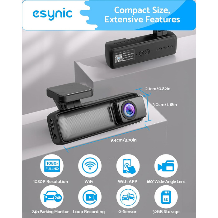 eSynic Міні відеореєстратор (Dashcam) Auto WiFi 1080P Full HD – 160° Широкий кут, Нічне бачення, G-сенсор, Паркувальний режим, Керування через App, WiFi, 32GB SD-карта в комплекті