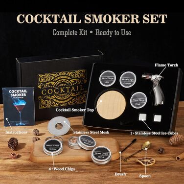 Набір для копчення віскі – Old Fashioned Cocktail, 6 дерев'яних чіпсів, 4 гранітні камені для віскі, запальничка та аксесуари для любителів віскі та коктейлів (без бутану), гранітні камені з нержавіючої сталі