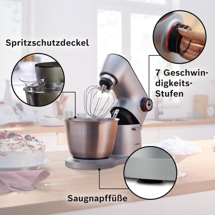 Bosch Kitchen Machine Series 8 MUM9D33S11, 5.5 L Stainless Steel Bowl, Planetary Mixing System, Professional Dough Hook, Beater, Silicone Whisk, 7 Work Stages, Continuous Slicer, 3 Discs, 1600 W, Silver