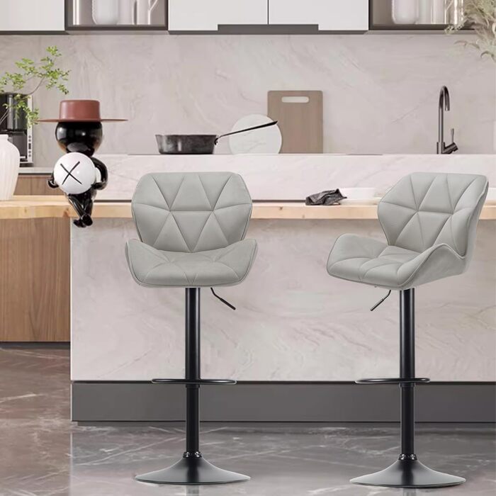 WangPangzi Adjustable Bar Stools 2-Pack with Backrest - Padded Faux Leather Kitchen & Counter Height Stools with Footrest - for Home, Kitchen, Hotel, Bar (Black & Light Gray Velvet)