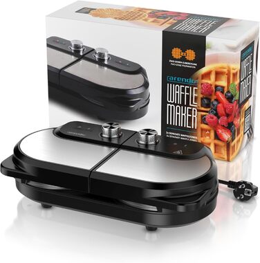 Вафельниця Arendo з подвійним покриттям - бельгійські вафлі та серця - 2 дизайни, регулювання температури, антипригарне покриття, 1400 Вт, нержавіюча сталь, срібно-чорний колір, BPA Free
