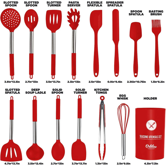 Набір кухонного приладдя ORBLUE 14 предметів: лопатки, шумовки, ложки з силікону та нержавіючої сталі, червоний