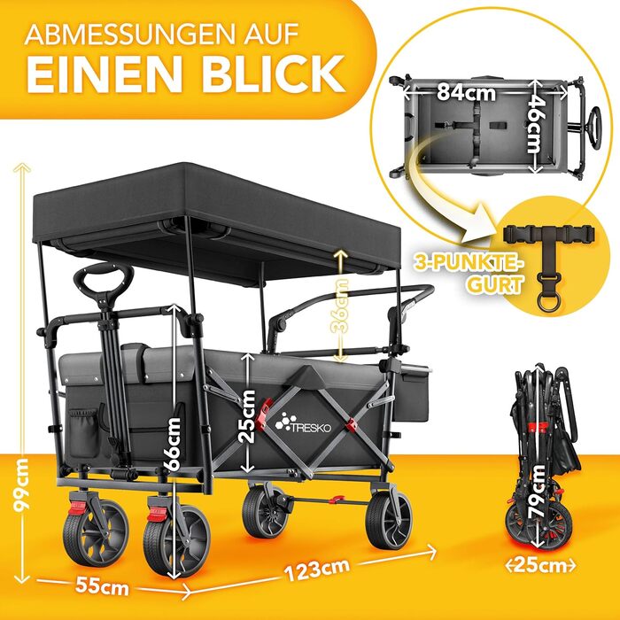 Трьохколісний візок TRESKO® з дахом, кишенькою-холодильником та боковими шторками | Вантажопідйомність до 150 кг | Візок з гумовими колесами та гальмами (передні та задні) та 3-точкова система фіксації (Зелений) (Чорний)