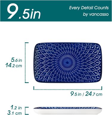 Набір сервірувальних тарілок Vancasso SELENE (6 шт.) - великі, прямокутні, порцелянові, для свят, сніданків, фуршетів, сирної тарілки, мікрохвильова піч та посудомийна машина, блакитно-білі