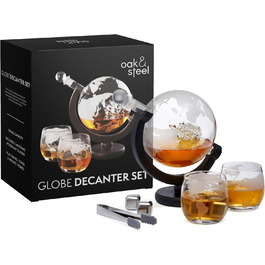 Oak & Steel - XL Premium Globus Whisky Decanter Set with World Map, 1500ml - Decanter with 2 Glasses, 4 Whiskey Stones & More - Gift Set for Christmas