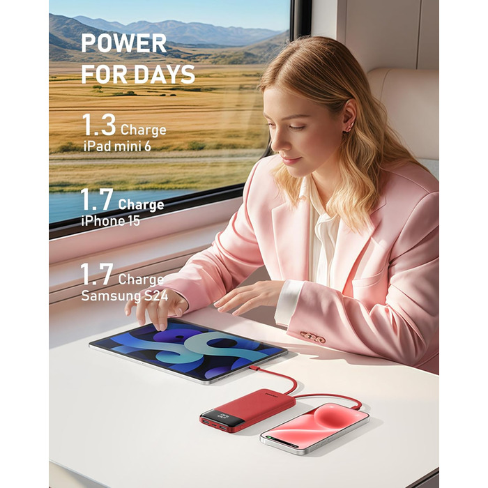 Powerbank Charmast 10000mAh з вбудованими кабелями, 6 виходів, 3 входи, USB-C, для iPhone, iPad, Samsung, червоний