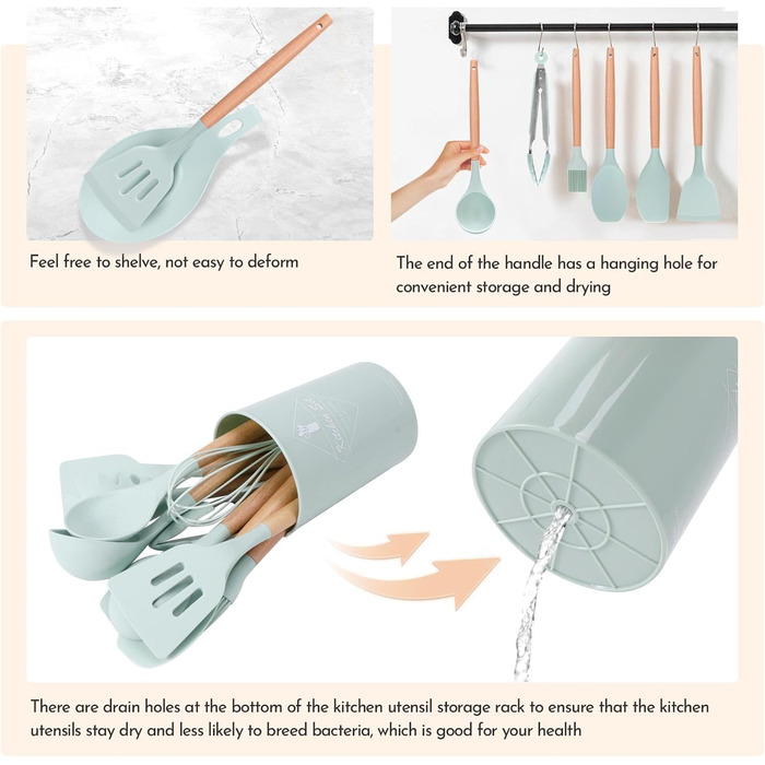 Набір кухонних аксесуарів Howephofly, 23 шт., силікон, антипригарне покриття, стійкий до нагріву, з тримачем та гачками для кухонних рушників (світло-зелений)