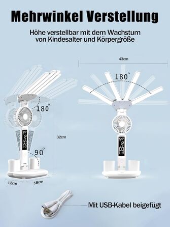 LED-лампа настільна з вентилятором для дітей WLHONG з годинником, тримачем для ручок, календарем та датчиком температури, 3 режими кольору, регульована яскравість, ідеальна для читання