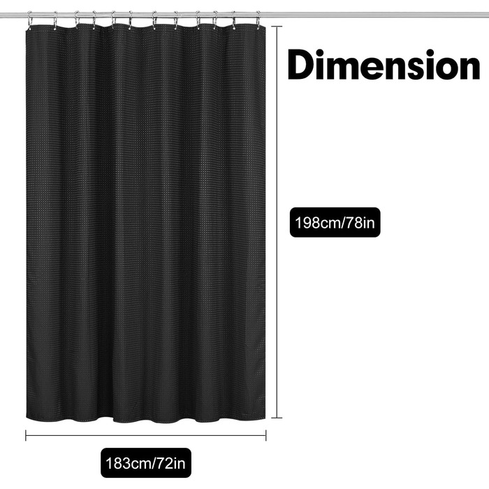 Шторка для душу Waffel 183x198 см - текстильна, поліестер, з магнітною стрічкою та 12 кільцями, непрозора та водонепроникна для ванної кімнати (Чорний, 183x198 см)