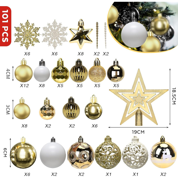 Набір прикрас на ялинку 101 шт. Золоті ялинкові кулі, ялинкова прикраса, набір ялинкових кульок, ялинкова зірка, матові та глянцеві, багаторазові, 3, 4, 6 см