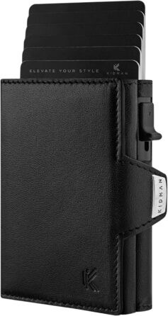 KIDMAN Icarus I Genuine Leather Slim Wallet with Alucase and Coin Pocket I Large Bill Compartment I Small Wallet for Men with RFID I Mini Wallet for Men I Card Holder for up to 8 Cards I Black