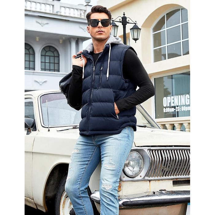 Чоловіча степна жилетка Vancavoo з капюшоном, тепла зимова жилетка для активного відпочинку, спортивна жилетка, перехідна куртка (темно-синій, L)