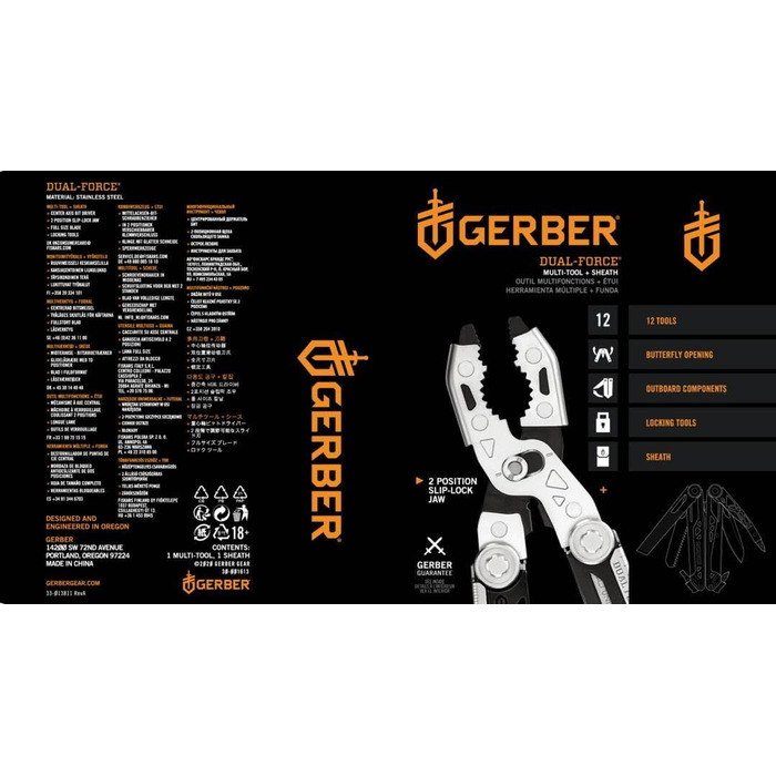 Gerber Multi-Tool with 12 functions, Dual Force, includes holster, with one-hand opening and frame-lock locking mechanism, overall length: 12 cm, 30-001613