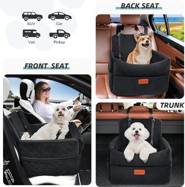 Washable Dog Car Seat for Small to Medium Dogs with Leash & Storage Pockets - Thickened Elevated Dog Bed for Back or Front Seat - Black
