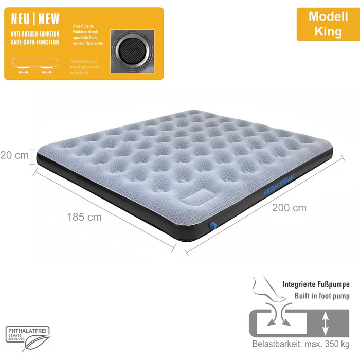 Надувний матрац High Peak Comfort Plus для кемпінгу та гостей з насосом, 200 x 185 x 20 см