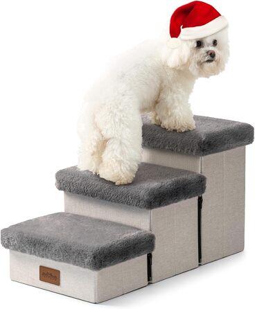 Pet Stairs for Small Dogs with Storage, Folding Dog Stairs for Sofa Couch, Dog Stairs Dog Ramp with Non-Slip Bottom, Leak-Proof, Up to 80kg, 33x63x35cm, 3 Steps, Grey