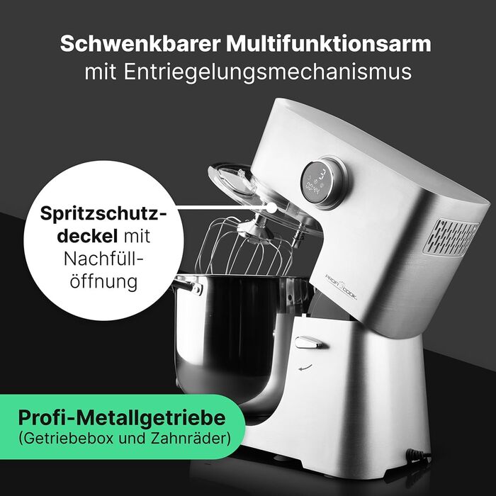 Кухонна машина ProfiCook KM 1254 з великою чашею 12л, потужний 2500W мотор, металеве редуктор та LED-дисплей | Харчовий процесор для тіста до 8,5 кг, 13 швидкостей