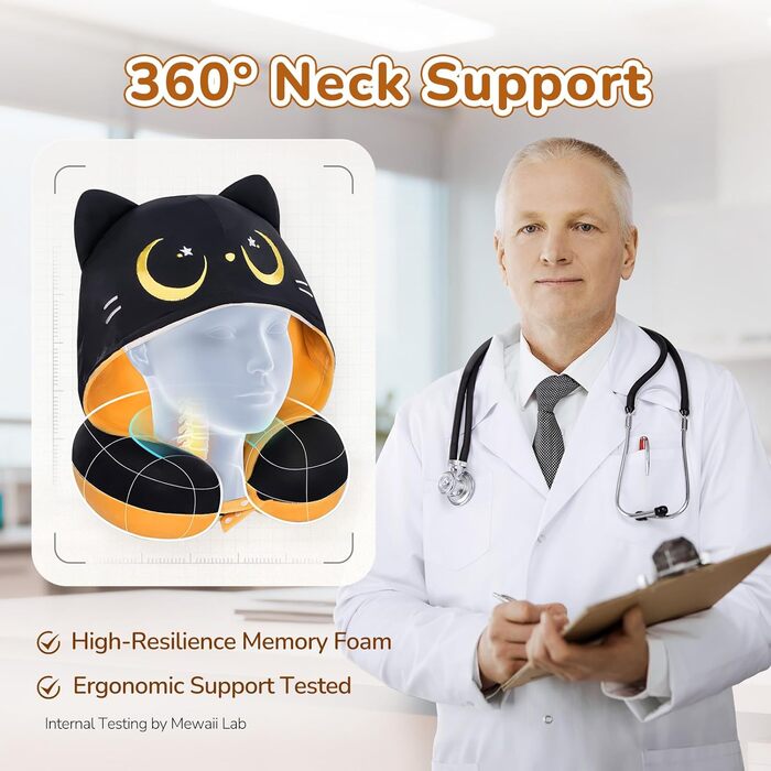 Подушка для шиї Mewaii для подорожей, двостороння подушка для дорослих, подушка для шиї з memory foam для літаків, обертова подушка для шиї з котячим капюшоном, регульований ремінь, чорний, перекидний