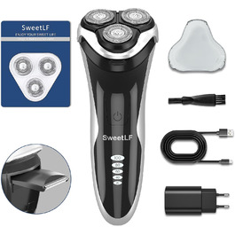 Електричний верстат для гоління SweetLF [2023 Neu] для чоловіків з 3D-головкою, LED-дисплеєм, 3 змінні голівки та зарядним пристроєм. Вологостійкий IPX7, чорний