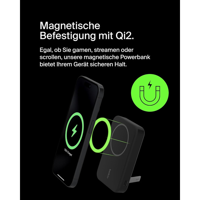 Power Bank Belkin BoostCharge Pro 10000mAh з Qi2, MagSafe, вбудований стійка, чорний, для iPhone 17, Air, 16, 15, 14, Pixel та інші