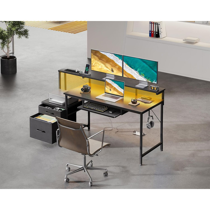 Ігровий стіл Coleshome з LED підсвічуванням, 140x48 см, з ящиками з тканини, стіл для комп'ютера з 2 розетками та 2 USB-портами, стіл для геймінгу з підставкою для монітора для дому/офісу, чорний 140x48 см