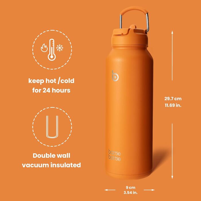 BOTTLE BOTTLE Insulated Water Bottle with Straw, Sport Stainless Steel Water Bottle with Grip Lid, Outdoor Sports Bottle for Pills, 1l (White) (Orange)