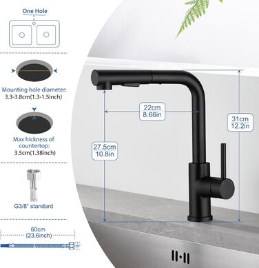 Висувна кухонна змішувач з душем, 360° поворот, кухонна арматура з двома режимами струменя, з нержавіючої сталі, чорний, з висувною насадкою