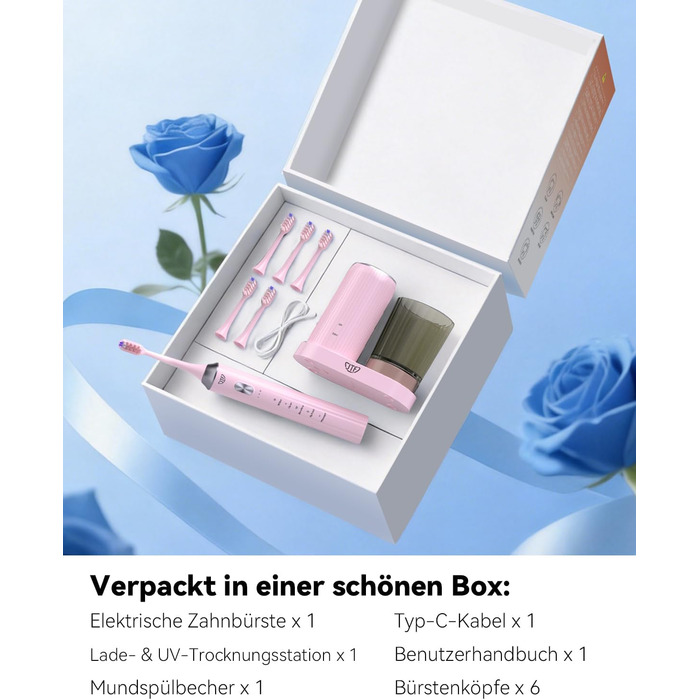 Електрична звукова зубна щітка JTF з УФ-дезінфекцією та сушінням, бездротова зарядка, 5 режимів чищення, 6 насадок, стаканчик, акумуляторна для дому та подорожей (Рожева)