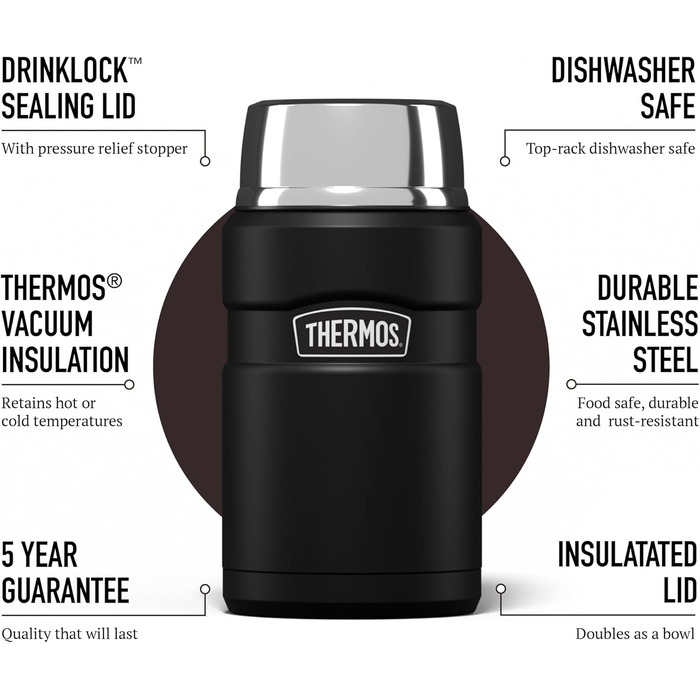 König Stainless Steel Thermos Flask - Matte Black (710ml) | Insulated Food Container