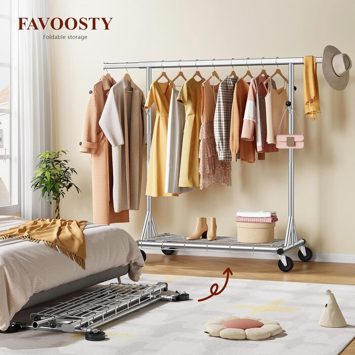 Стійка для одягу на колесах FAVOOOSTY, металева, мобільна, до 200 кг, швидка установка, срібна