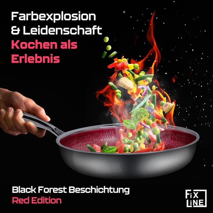 FIXLINE® Сковорода Black Forest 28 см - RED Design - антибактеріальне покриття без PTFE - для всіх типів плит (включно з індукцією) - можна використовувати в духовці до 250°C - легке очищення - ідеальна ідея для подарунка. Сковорода з антибактеріальним по
