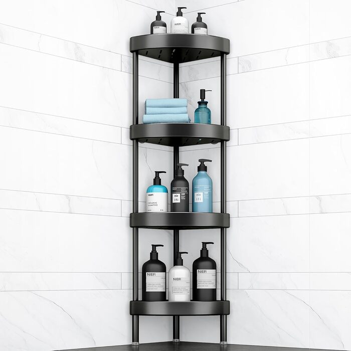 Поличка для душу Nieifi без свердління, кутова, з нержавіючої сталі, 4 яруси, чорна