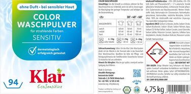 Пральний порошок Klar EcoSensitive Color SENSITIV для кольорових речей, гіпоалергенний, без ароматизаторів, 4.75 кг