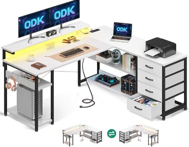 Стол письмовий ODK з шухлядами, кутовий, з 2 розетками та 2 USB-портами, L-подібний офісний стіл з LED-підсвічуванням для дому та офісу, 135×110 см (Білий)