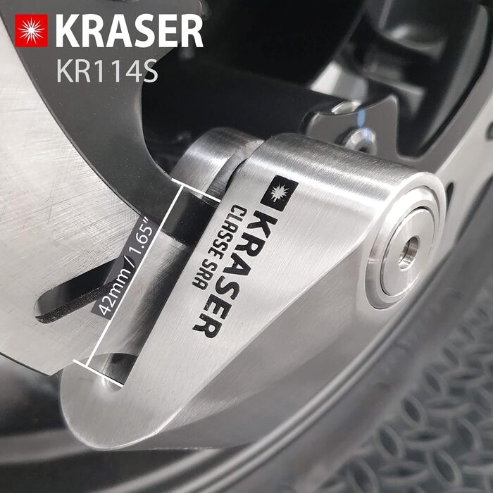 Замок на гальмівний диск KRASER KR114S для мотоцикла з сертифікатом SRA, протиугінний, подвійний замок 14 мм, 3 ключі, нагадувальний кабель, нержавіюча сталь