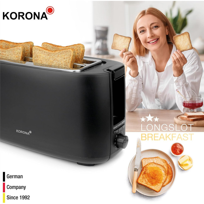 Тостер Korona 21060 на 4 скибки, довгий слот, регулювання ступеня підсмажування, розморожування, підігрів, 1400 Вт, підставка для булочок, піддон для крихт, центрування хліба, чорний матовий