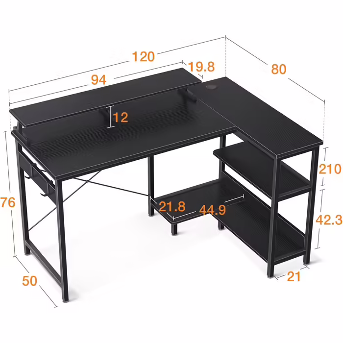 ODK L-Shaped Desk, Desk with Shelf Reversible, Gaming Desk L Shape Desk with Monitor Stand, Computer Desk PC Desk Office Desk for Home Office (Brown, 120x80x88cm)