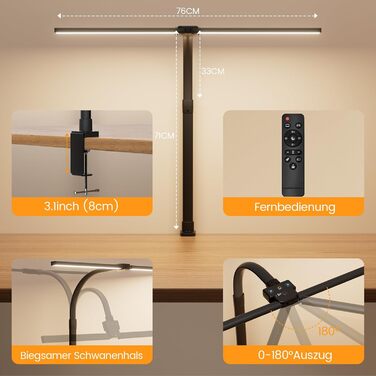 APMIEK LED лампа для столу з LED, 24W, 76 см, кріплення, для home office, 3200K-6500K, регульована, для офісу, захист очей, для робочого місця, монітора, ПК (чорна)