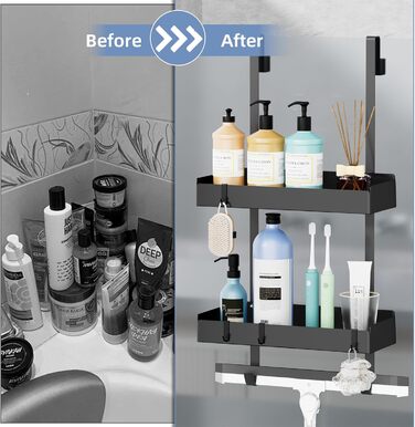 Підставка для душу настінна, полиця для душу з кріпленням для скляних душових кабін, тримач для шампуню в душ, корзина для душу без свердління, чорна з 8 гачками, нержавіюча сталь 65.5x30x11.2 см