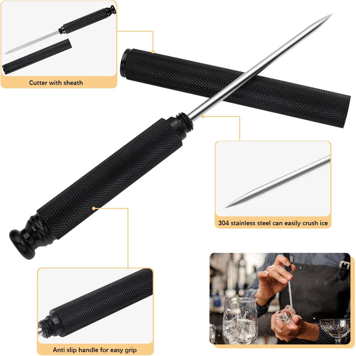 Aluminum Alloy Ice Pick Handle with Stainless Steel Blade and Safety Cover, Ice Tool, Kitchen Tool for Restaurant, Bar, Home (black)